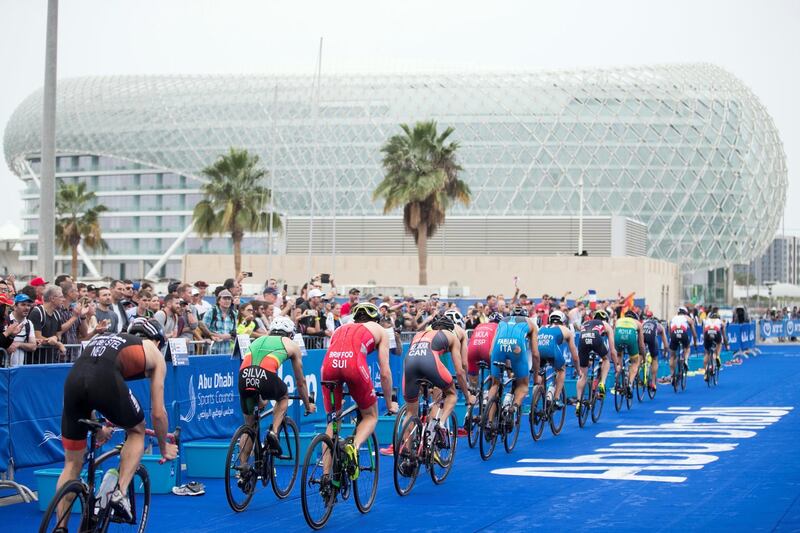 ABU DHABI, UNITED ARAB EMIRATES - MARCH 03, 2018.

Athletes at the Elite Men Abu Dhabi Triathlon at  the 20km bike ride.

(Photo: Reem Mohammed/ The National)

Reporter: AMITH PASSATH
Section: SP

