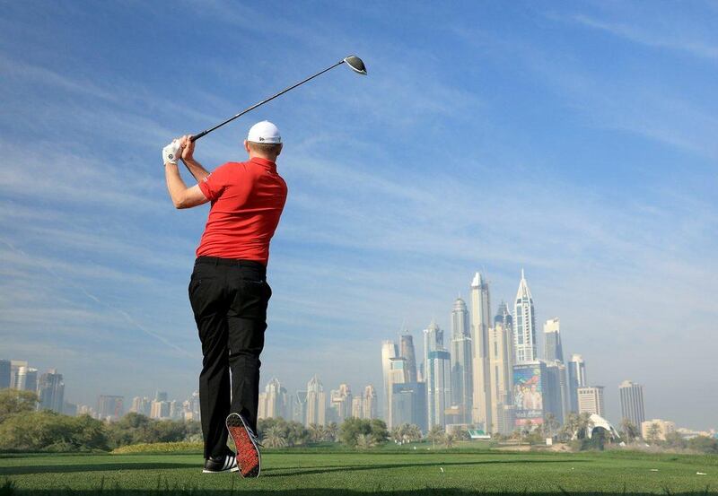 DUBAI, UNITED ARAB EMIRATES - FEBRUARY 03:  Stephen Gallacher of Scotland plays from the eighth tee during the pro-am as a preview for the 2016 Omega Dubai Desert Classic on the Majlis Course at the Emirates Golf Club on February 3, 2016 in Dubai, United Arab Emirates.  (Photo by David Cannon/Getty Images)