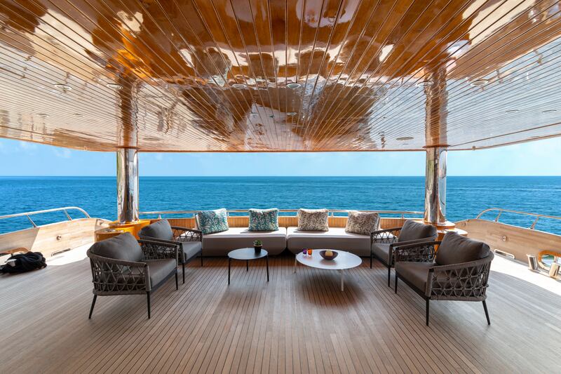 The vessel is clad in teak, has six state rooms and is styled with trappings 'all sourced from Italy at no expense spared'