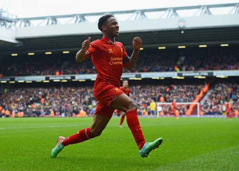 Raheem Sterling celebrates his goal on Saturday, Liverpool's fifth. Michael Regan / Getty Images 