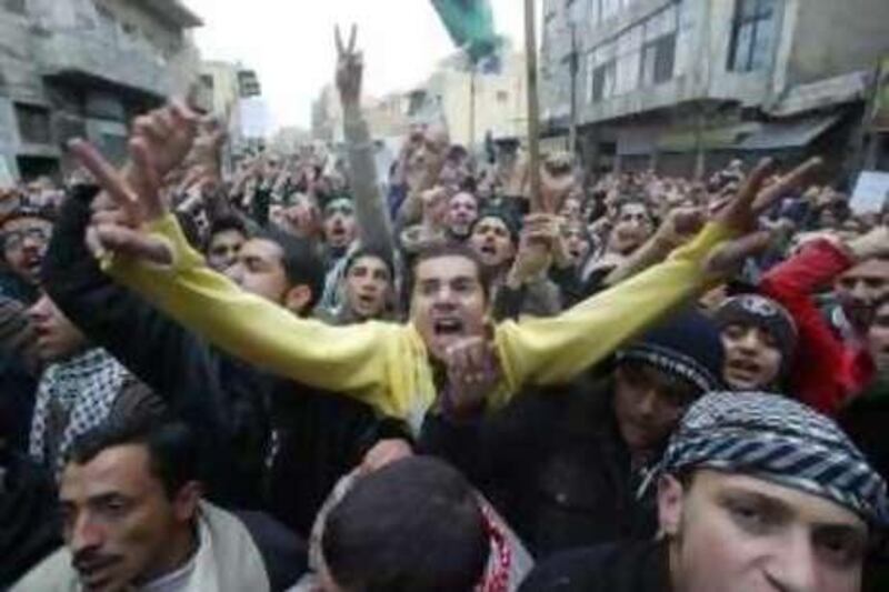 Jordanian protesters shout anti Israeli slogans during a demonstration in downtown Amman, waving Hamas banners and condemning Israel's strikes in Amman, Jordan, Saturday, December 27, 2008. (Salah Malkawi/ TheNational)