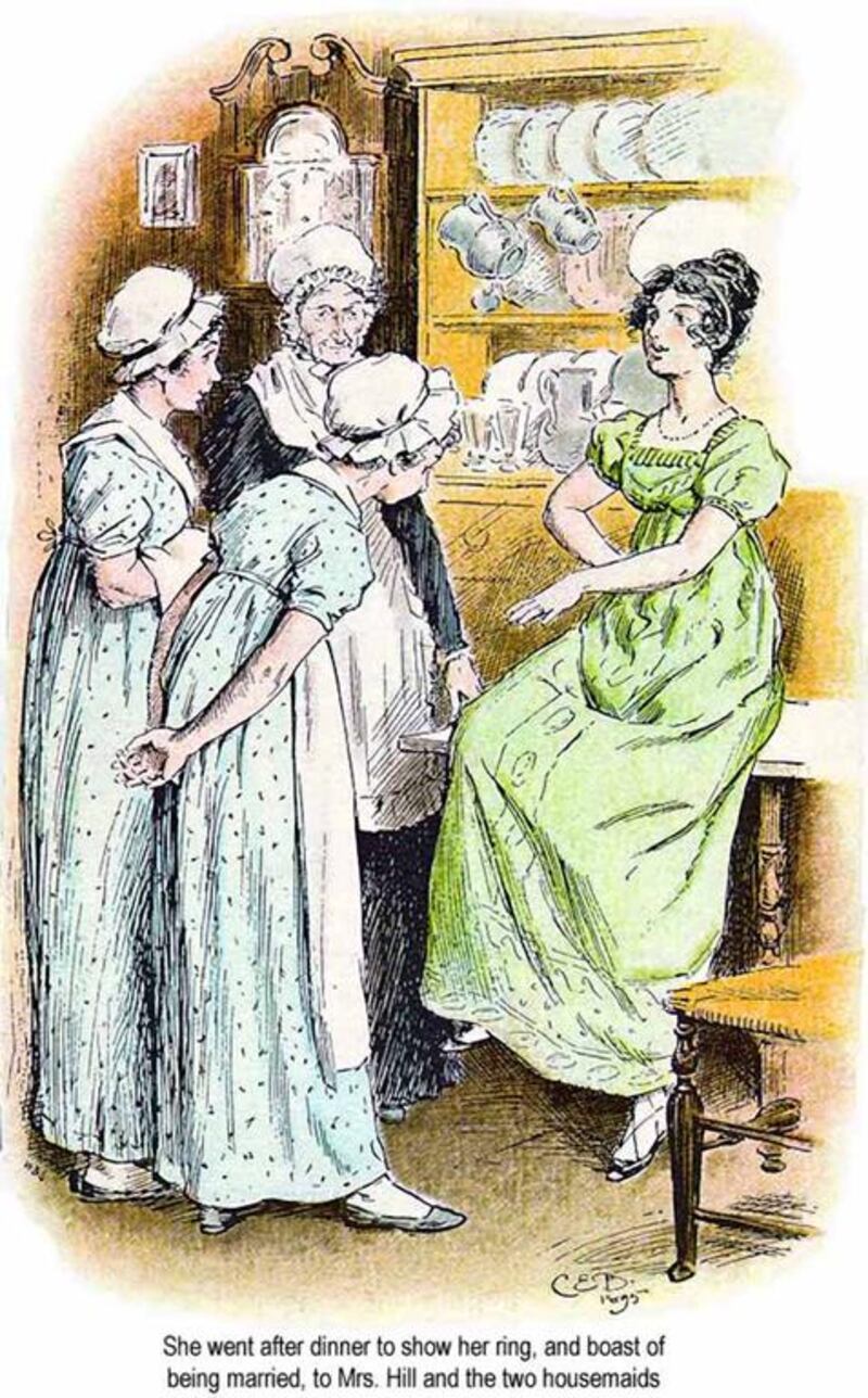 Lydia shows her ring to housemaids in this C E Brock illustration for the 1895 edition of Jane Austen's novel Pride and Prejudice. CE Brock
