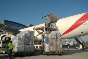 Tonnes of medical aid are loaded into two aircraft at Dubai International Humanitarian City bound for Sudanese and Ethiopian refugees. Courtesy: Dubai Media Office