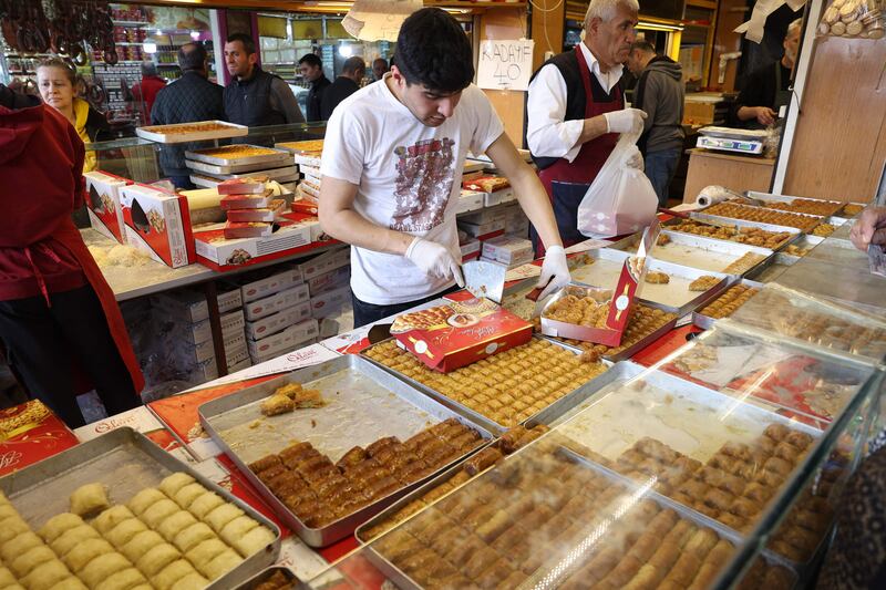 Pastries on display at a market stall in the Ulus district of Ankara, ahead of the Eid Al Fitr holiday. AFP