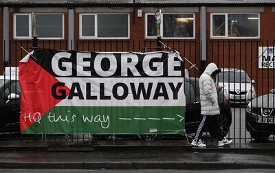 A promotional flag for George Galloway in Rochdale. AFP
