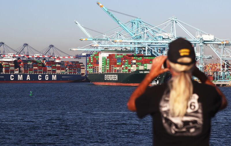 Shipping containers stacked on container ships at the Port of Los Angeles. Lack of approval for a $5 billion R&D fund at a key meeting highlights the challenges shipping faces to decarbonise. Getty Images