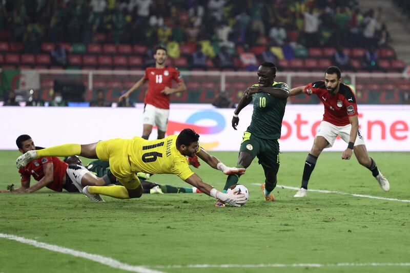 Egypt's goalkeeper Mohamed Abogabal stops a shot by Senegal's Sadio Mane during the Africa Cup of Nations final in Yaounde. AFP