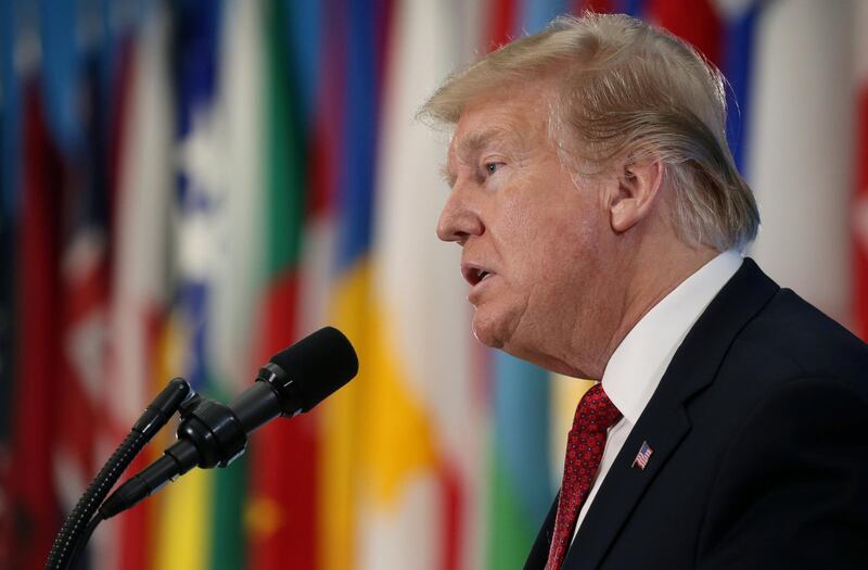 U.S. President Donald Trump delivers remarks to foreign ministers from the Global Coalition to Defeat ISIS at the State Department in Washington, U.S., February 6, 2019. REUTERS/Leah Millis