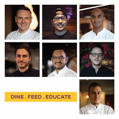 The seven Dubai chefs who've created a dish each for the Dine. Feed. Educate fundraising initiative. Photo: Dubai Cares / Flavel Monteiro