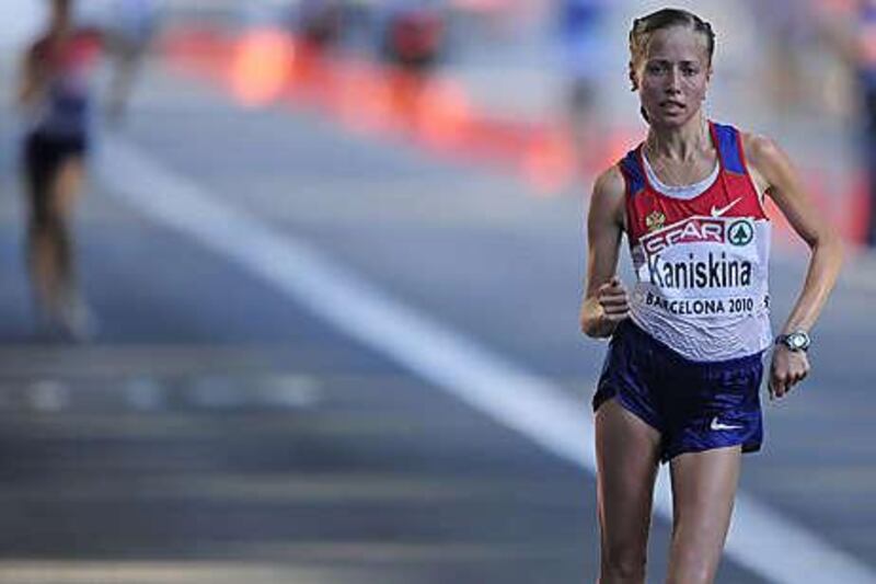 Russia's Olga Kaniskina competes to win the women's 20km walk ahead of compatriot Anisya Kirdyapkina.