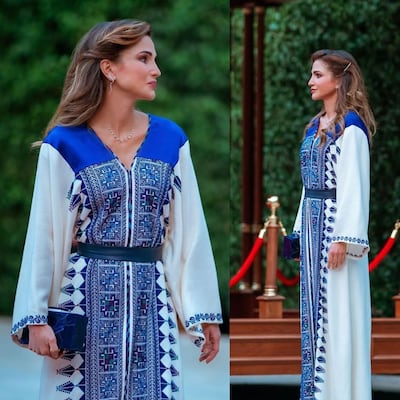 Queen Rania in a Dar Noora creation. Photo: @dar_noora_palestine / Instagram