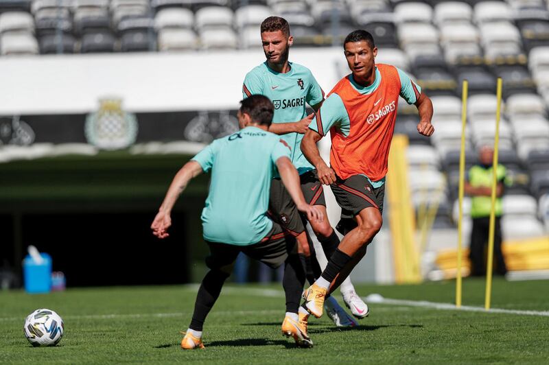 Cristiano Ronaldo and teammates during the team's training session at Bessa stadium in Porto on September 6, 2020. Portugal will face Sweden in their UEFA Nations League match on September 8, 2020.  EPA