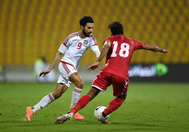 UAE winger Bandar Al Ahbabi on the attack during his team's 3-1 defeat against Bahrain on November 16. All images courtesy of UAE FA