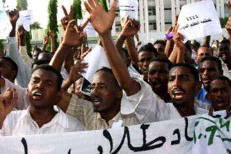 Protestors in Khartoum chant slogans against the ICC's arrest warrant for the Sudanese president Omar Hassan al Bashir.