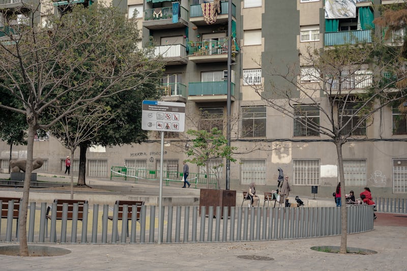 View of a square in Rocafonda, Mataro, where Lamine Yamal played football as a child. The square has been completely remodeled and playing football here is now prohibited. The tag in the background reads "death to fascism". Photo: Hannah Cauhepe for The National