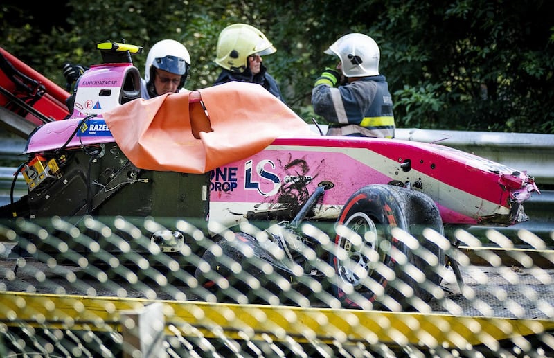 epa07808128 The car wreck of Anthoine Hubert of BWT Arden is removed  during the Formula 2 race at the Spa-Francorchamps race track in Stavelot, Belgium, 31 August 2019.  The French driver Anthoine Hubert has died after a high-speed collision on lap two of the Formula 2 race at the Belgian Grand Prix.  EPA/REMKO DE WAAL