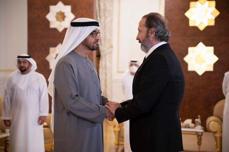 Mansour Azzam, Representative of the President of Syria,  offers condolences to Sheikh Mohamed. Rashed Al Mansoori / Ministry of Presidential Affairs