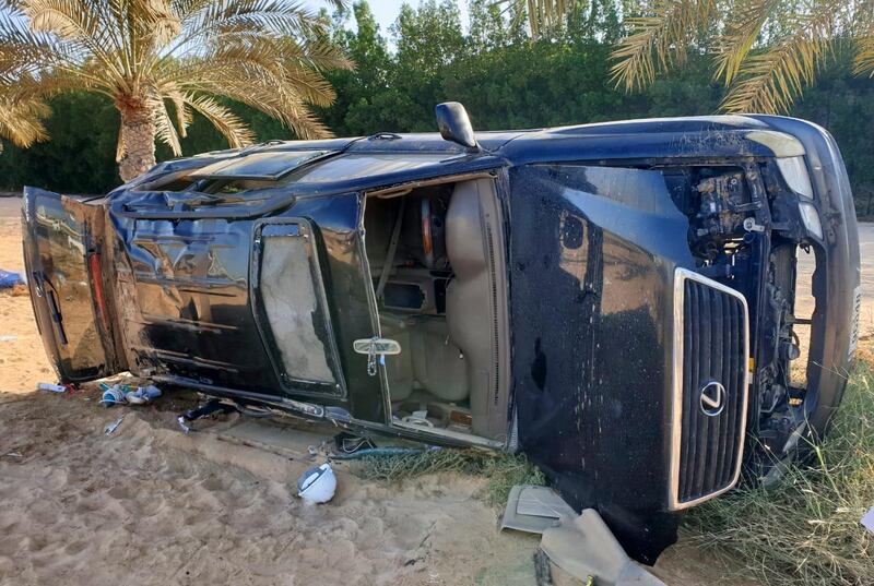 The driver of this Lexus flipped the car in trying to avoid hitting an animal on the road, while driving towards Hamriyah in Sharjah. Courtesy Sharjah Police