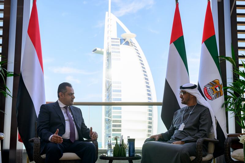 Sheikh Mohamed meets Dr Maeen Abdulmalik Saeed, Prime Minister of Yemen