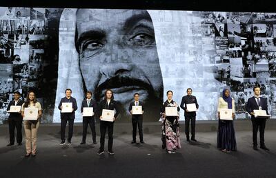 Winners of the Zayed Sustainability Awards 2022 held at Dubai Exhibition Centre at the Expo in Dubai. Pawan Singh / The National