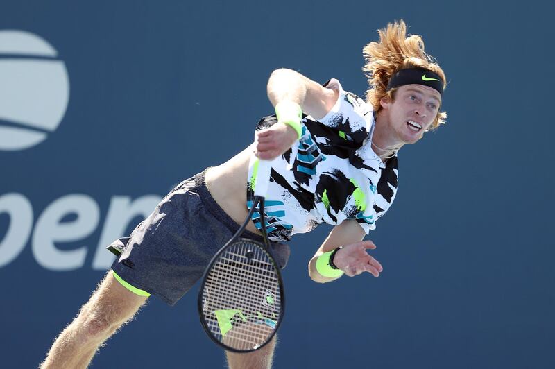 NEW YORK, NEW YORK - SEPTEMBER 05: Andrey Rublev of Russia serves during his Men's Singles third round match against Salvatore Caruso of Italy on Day Six of the 2020 US Open at USTA Billie Jean King National Tennis Center on September 05, 2020 in the Queens borough of New York City.   Al Bello/Getty Images/AFP
== FOR NEWSPAPERS, INTERNET, TELCOS & TELEVISION USE ONLY ==
