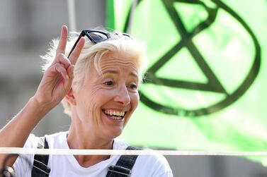 epaselect epa07515678 British actress Emma Thompson participates at an Extinction Rebellion climate change demonstration at Oxfords Circus in London, Britain, 19 April 2019. Extinction Rebellion climate change protestors are in their fifth day since protests began in London. EPA/ANDY RAIN