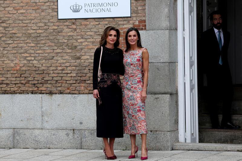 Queen Letizia of Spain welcomes Queen Rania. Reuters