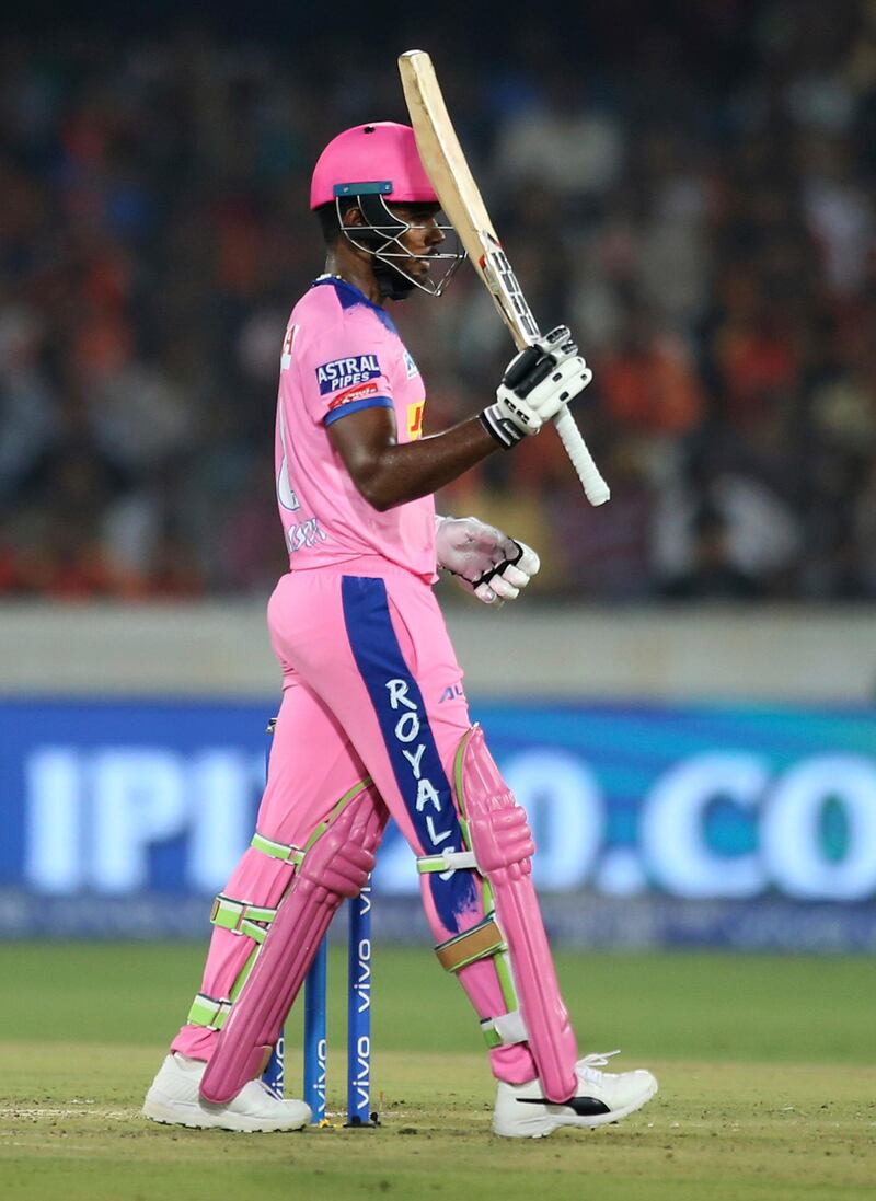 Rajasthan Royal's Sanju Samson raises his bat to celebrate scoring fifty runs during the VIVO IPL T20 cricket match between Sunrisers Hyderabad and Rajasthan Royals in Hyderabad, India, Friday, March 29, 2019. (AP Photo/ Mahesh Kumar A.)
