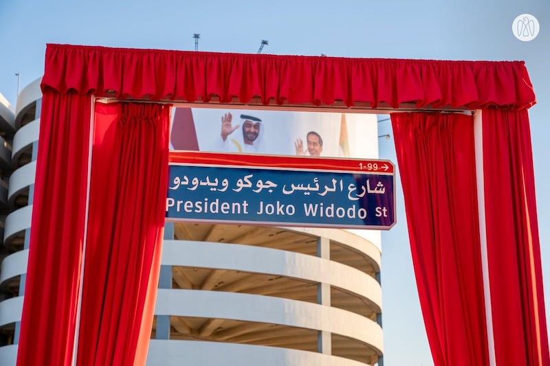 Al Maarid Street in Abu Dhabi is renamed President Joko Widodo Street, by order of Sheikh Mohamed bin Zayed, Crown Prince of Abu Dhabi and Deputy Supreme Commander of the Armed Forces. Courtesy: Abu Dhabi Government Media Office