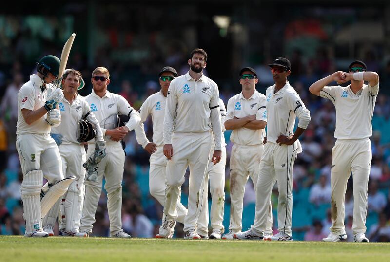 New Zealand players after a DRS referral against Marnus Labuschagne was turned down. Getty