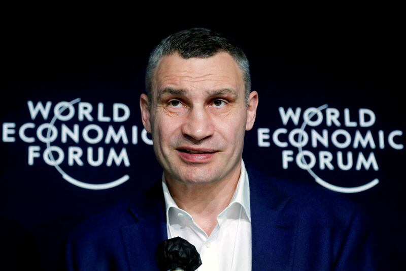 The Mayor of Ukraine's capital Kyiv, Vitali Klitschko, addresses a news conference at the media village of the World Economic Forum (WEF) in the alpine resort of Davos, Switzerland. Reuters