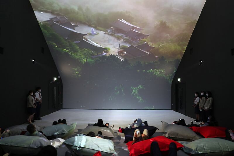 Another highlight is the vertical cinema that will play clips to illustrate Korea’s smart mobility, culture and lifestyle. Visitors can lie down on beanbags and watch the roof and front wall transform into a giant screen. Pawan Singh / The National
