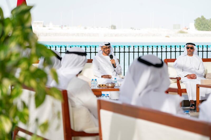 ABU DHABI, UNITED ARAB EMIRATES - March 16, 2020: HH Sheikh Mohamed bin Zayed Al Nahyan, Crown Prince of Abu Dhabi and Deputy Supreme Commander of the UAE Armed Forces (L), delivers a speech about the UAE’s Covid19 response, during a Sea Palace barza. Seen with HH Lt General Sheikh Saif bin Zayed Al Nahyan, UAE Deputy Prime Minister and Minister of Interior (R).

( Mohamed Al Hammadi / Ministry of Presidential Affairs )
---