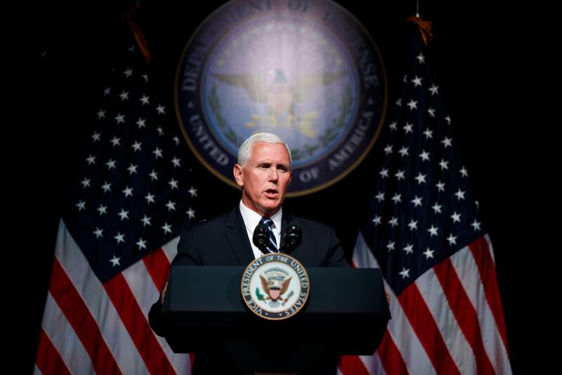 Vice President Mike Pence speaks during an event on the creation of a United States Space Force, Thursday, Aug. 9, 2018, at the Pentagon. Pence says the time has come to establish a new United States Space Force to ensure America's dominance in space amid heightened completion and threats from China and Russia. (AP Photo/Evan Vucci)