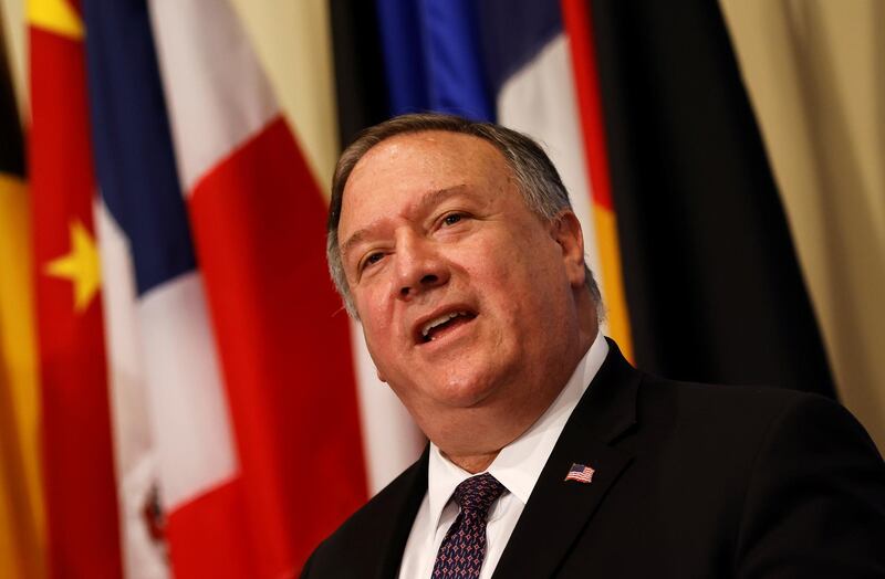 U.S. Secretary of State Mike Pompeo speaks to reporters following a meeting with members of the U.N. Security Council about Iran's alleged non-compliance with a nuclear deal and calling for the restoration of sanctions against Iran at U.N. headquarters in New York, U.S., August 20, 2020. REUTERS/Mike Segar/Pool