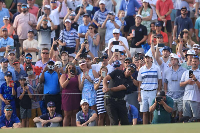 US golfer Phil Mickelson plays a shot on to the 18th green during the third round of the US PGA Championship at Kiawah Island on Saturday, May 22. AFP