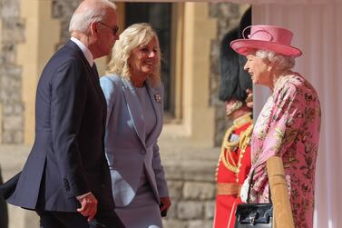 WINDSOR, ENGLAND - JUNE 13: US President Joe Biden, First Lady Jill Biden and Queen Elizabeth II at Windsor Castle on June 13, 2021 in Windsor, England. Queen Elizabeth II hosts US President, Joe Biden and First Lady Dr Jill Biden at Windsor Castle. The President arrived from Cornwall where he attended the G7 Leader's Summit and will travel on to Brussels for a meeting of NATO Allies and later in the week he will meet President of Russia, Vladimir Putin. (Photo by Chris Jackson/Getty Images)