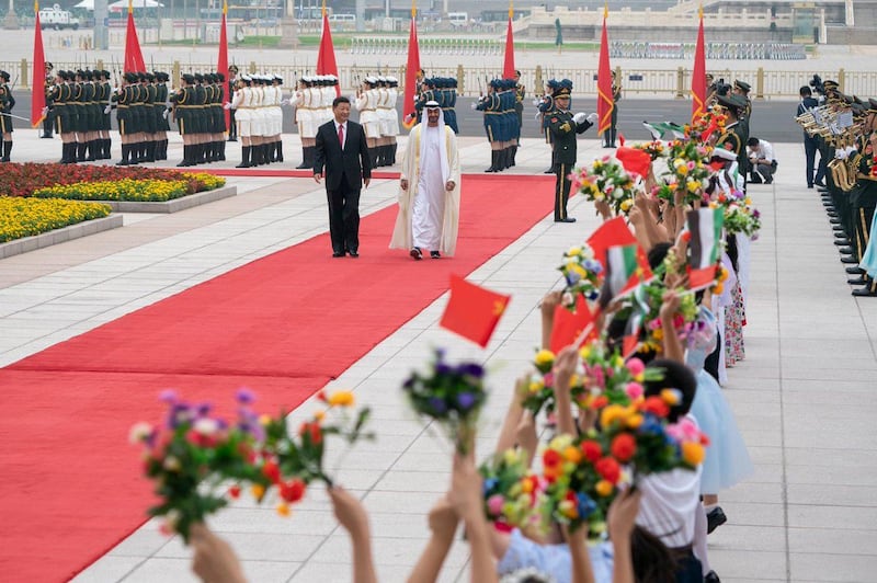 Sheikh Mohamed bin Zayed arrives at the Great Hall of the People in Beijing, where he is received by President Xi Jinping. Courtesy Sheikh Mohamed bin Zayed Twitter