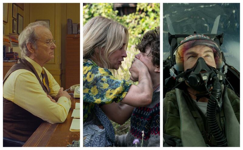 Stills from 'The French Dispatch', 'A Quiet Place II', and 'Maverick'. Twentieth Century Fox / Jonny Cournoyer / Paramount Pictures