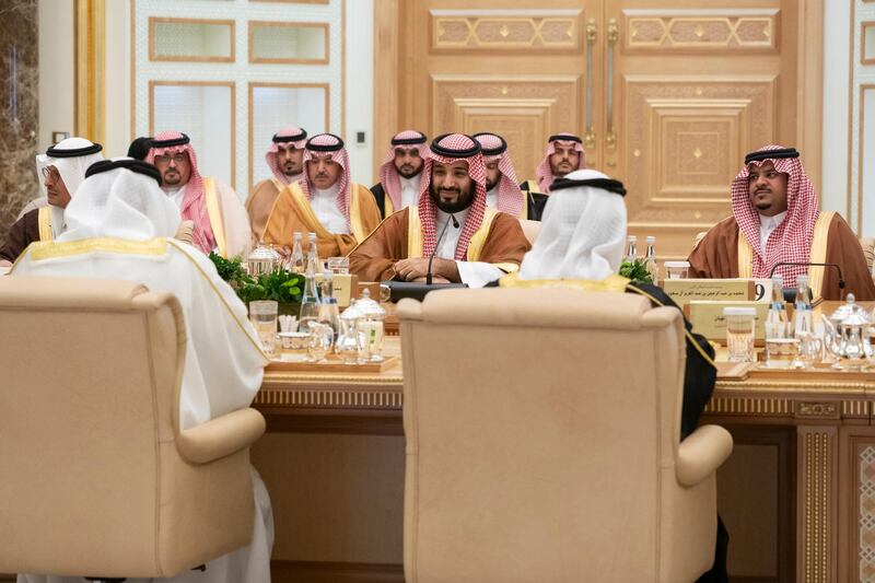 ABU DHABI, UNITED ARAB EMIRATES - November 27, 2019: HH Sheikh Mohamed bin Zayed Al Nahyan, Crown Prince of Abu Dhabi and Deputy Supreme Commander of the UAE Armed Forces (not shown) and HRH Prince Mohamed bin Salman bin Abdulaziz, Crown Prince, Deputy Prime Minister and Minister of Defence of Saudi Arabia (2nd R), chair a meeting of the Saudi-Emirati Coordination Council during a state visit reception, at Qasr Al Watan.

( Eissa Al Hammadi for Ministry of Presidential Affairs )
---