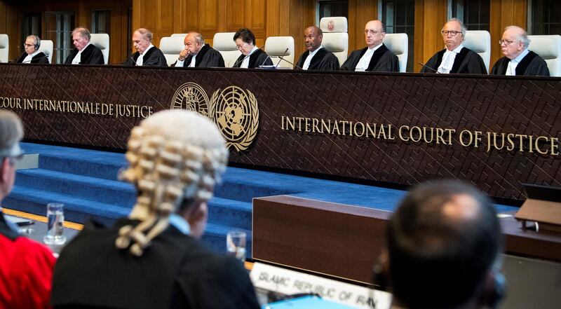 Members of the International Court of Justice attend a hearing for alleged violations of the 1955 Treaty of Amity between Iran and the U.S., at the International Court in The Hague, Netherlands August 27, 2018. REUTERS/Piroschka van de Wouw