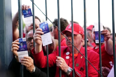 File photo dated 28-05-2022 of Liverpool fans stuck outside the ground show their match tickets during the UEFA Champions League Final at the Stade de France, Paris, as Liverpool supporters have submitted more than 5,000 first-hand accounts in 24 hours of the Paris chaos surrounding SaturdayÕs Champions League final.Picture date: Saturday May 28, 2022. Issue date: Tuesday May 31, 2022.