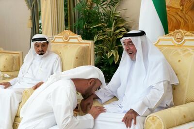 ABU DHABI, UNITED ARAB EMIRATES - May 08, 2019: HH Sheikh Khalifa bin Zayed Al Nahyan, President of the UAE and Ruler of Abu Dhabi (R), receives HH Sheikh Mohamed bin Zayed Al Nahyan, Crown Prince of Abu Dhabi and Deputy Supreme Commander of the UAE Armed Forces (2nd R), at the President's Palace in Al Bateen. Seen with HH Sheikh Humaid bin Rashid Al Nuaimi, UAE Supreme Council Member and Ruler of Ajman (L).

( Rashed Al Mansoori / Ministry of Presidential Affairs )
---