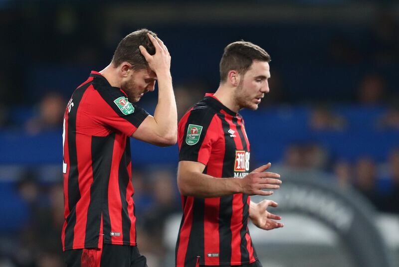Bournemouth's Simon Francis and goalscorer Dan Gosling can't disguise their disappointment as they leave the pitch. Catherine Ivill / Getty Images