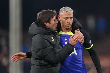 Tottenham Hotspur manager Antonio Conte celebrates victory with Richarlison after the Premier League match at the Craven Cottage, London. Picture date: Monday January 23, 2023.