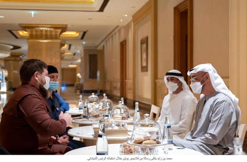 ABU DHABI, UNITED ARAB EMIRATES - February 17, 2021: HH Sheikh Mohamed bin Zayed Al Nahyan, Crown Prince of Abu Dhabi and Deputy Supreme Commander of the UAE Armed Forces (R) meets with HE Ramzan Kadyrov President of the Chechnya (L), at Emirates Palace. Seen with HE Mohamed Mubarak Al Mazrouei, Undersecretary of the Crown Prince Court of Abu Dhabi (2nd R).

( Mohamed Al Hammadi / Ministry of Presidential Affairs )
---