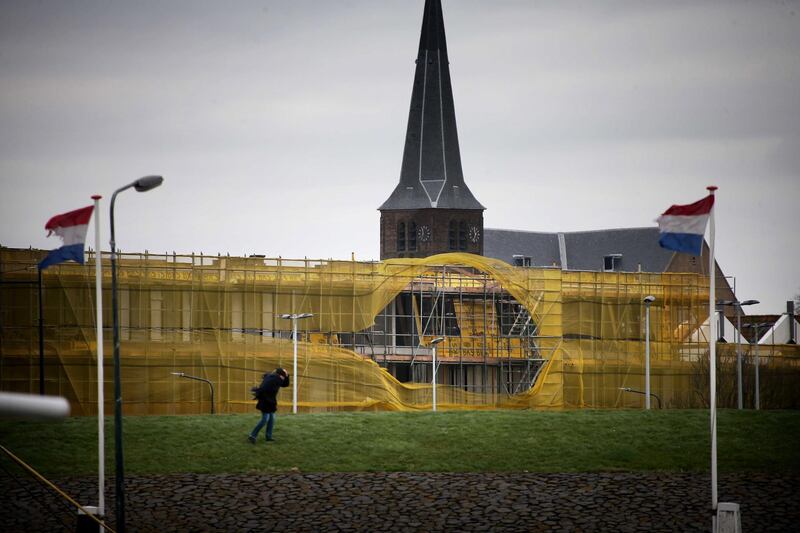 The construction fabric has been blown off a scaffold in a construction project during the storm Ciara in Harlingen, The Netherlands.  EPA