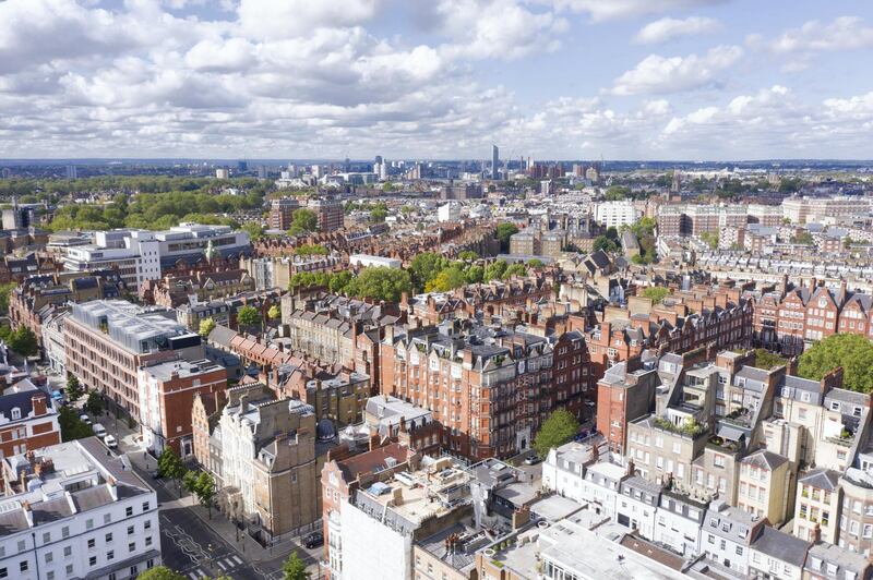 LONDON,ENGLAND - MAY 14: (EDITORS NOTE: Full Flight Permissions) An aerial view by drone looking at Chelsea across the Kings Road on May 14,2020 in London,England. (Photo by Chris Gorman/Getty Images)