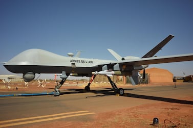A French Reaper drone armed with two bombs at Barkhane's military base in Niamey. AFP    