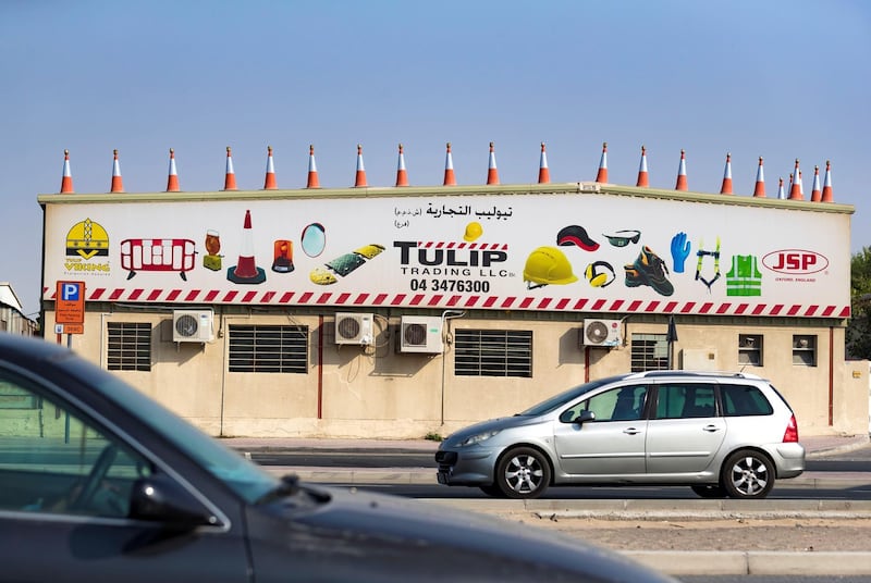 Dubai, United Arab Emirates - September 08, 2018: Weekender. Unusual sights in Al Quoz. Tulip trading LLC with traffic cones on the roof. Saturday, September 8th, 2018 at Al Quoz, Dubai. Chris Whiteoak / The National